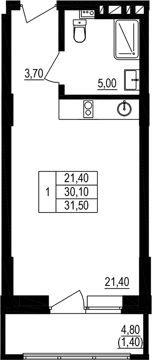 Планировка — Брусника, Студия, 34 м²