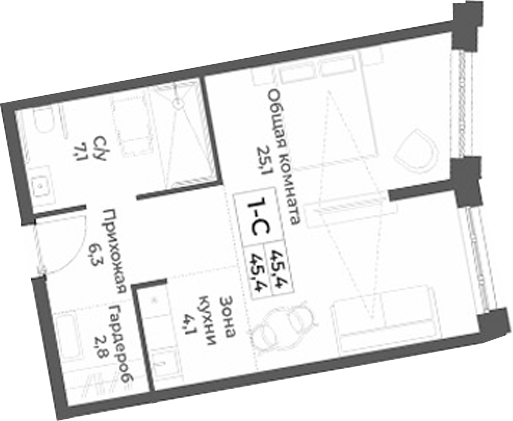 Планировка — RIZALTA RESORT BELOKURIKHA, Студия, 45 м²