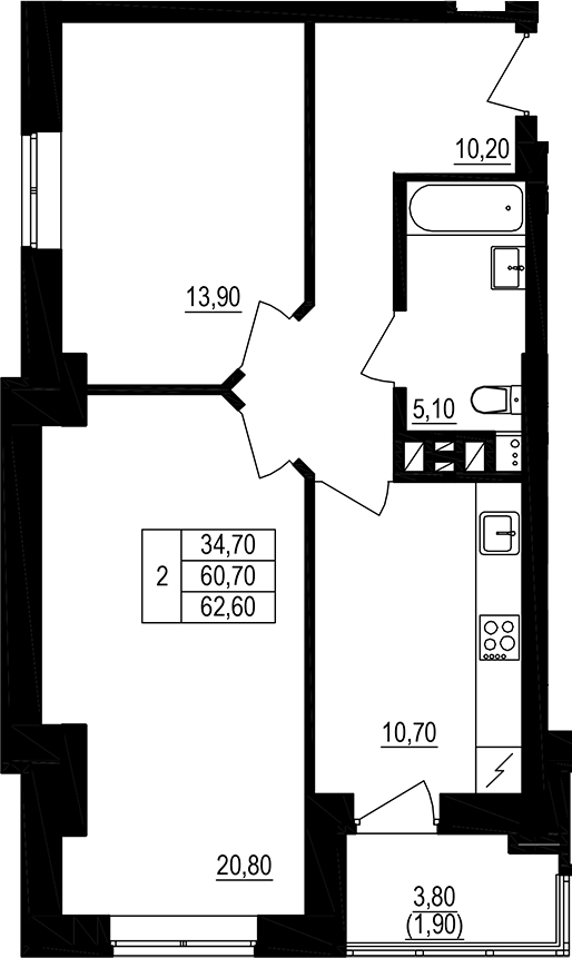 Планировка — Брусника, 2-комн., 63 м²