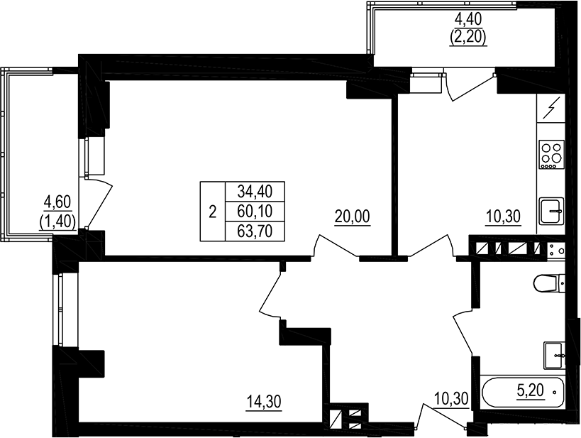 Планировка — Брусника, 2-комн., 66 м²