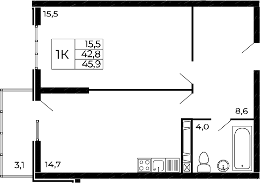 Планировка — Западные аллеи, 1-комн., 43 м²