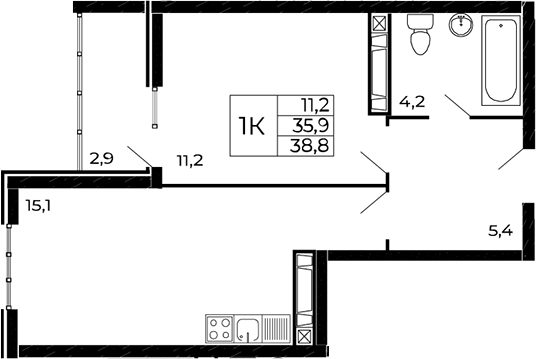 Планировка — Западные аллеи, 2-комн., 36 м²
