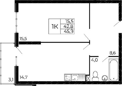 Планировка — Западные аллеи, 1-комн., 43 м²