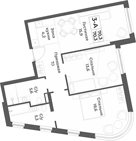 Планировка — RIZALTA RESORT BELOKURIKHA, 3-комн., 70 м²