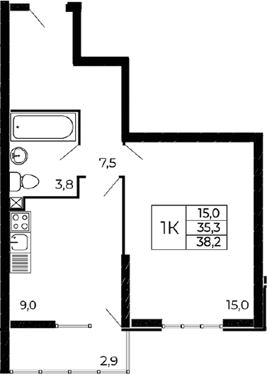 Планировка — Западные аллеи, 1-комн., 35 м²