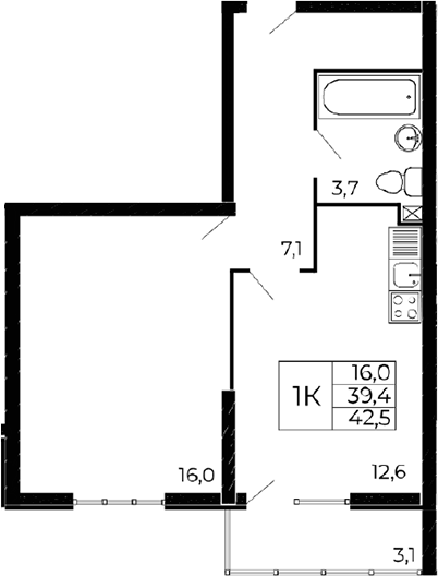 Планировка — Западные аллеи, 1-комн., 39 м²