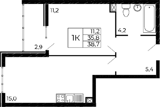 Планировка — Западные аллеи, 2-комн., 36 м²