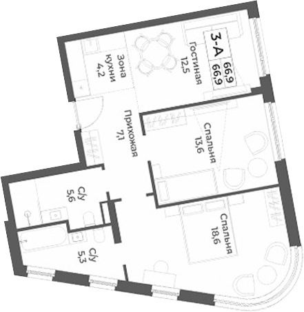 Планировка — RIZALTA RESORT BELOKURIKHA, 3-комн., 67 м²