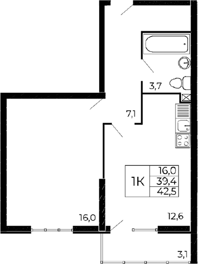 Планировка — Западные аллеи, 1-комн., 39 м²