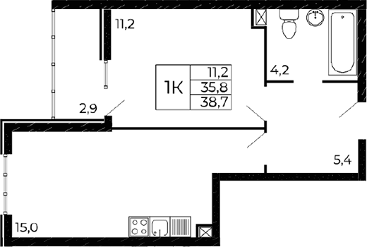 Планировка — Западные аллеи, 2-комн., 36 м²