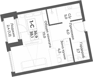 Планировка — RIZALTA RESORT BELOKURIKHA, Студия, 37 м²