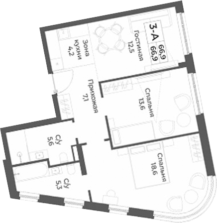 Планировка — RIZALTA RESORT BELOKURIKHA, 3-комн., 67 м²