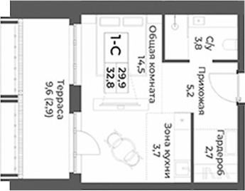 Планировка — RIZALTA RESORT BELOKURIKHA, Студия, 30 м²