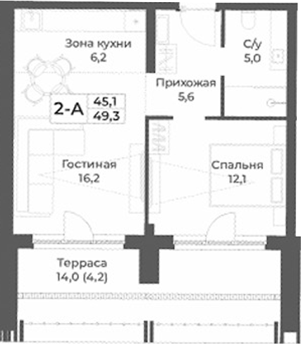 Планировка — RIZALTA RESORT BELOKURIKHA, 2-комн., 45 м²