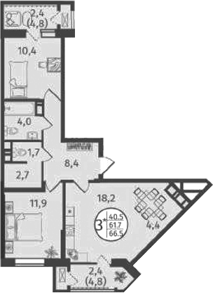 Планировка — Состояние, 3-комн., 62 м²