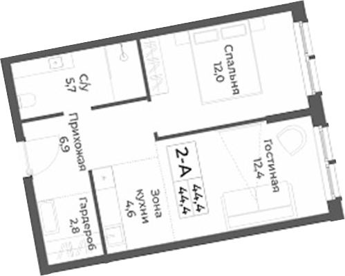 Планировка — RIZALTA RESORT BELOKURIKHA, 2-комн., 44 м²