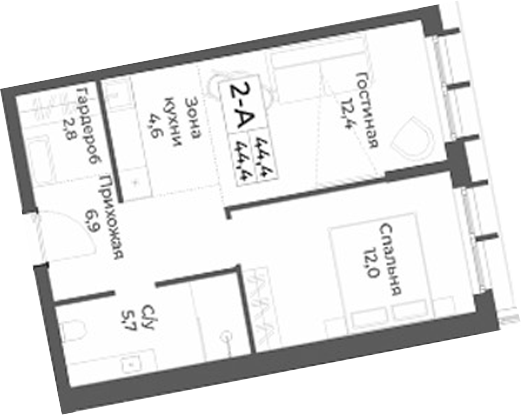 Планировка — RIZALTA RESORT BELOKURIKHA, 2-комн., 44 м²