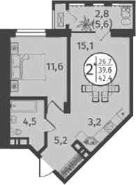 Планировка — Состояние, 2-комн., 40 м²