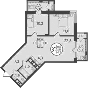 Планировка — Состояние, 3-комн., 62 м²
