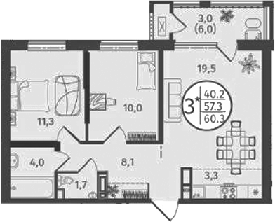 Планировка — Состояние, 3-комн., 58 м²