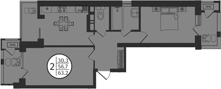 Планировка — Состояние, 2-комн., 57 м²