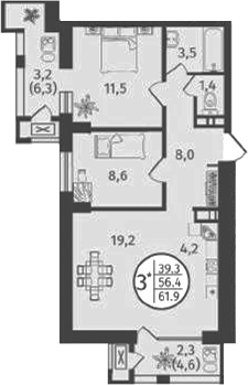 Планировка — Состояние, 3-комн., 56 м²