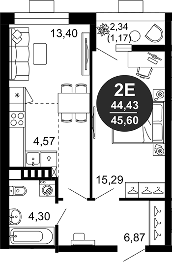 Планировка — 1799, 2-комн., 44 м²