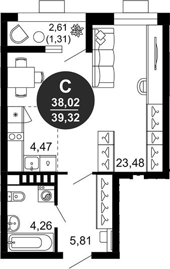 Планировка — 1799, Студия, 38 м²