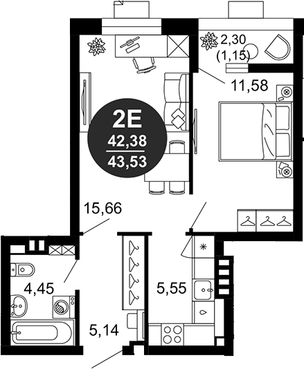 Планировка — 1799, 2-комн., 42 м²