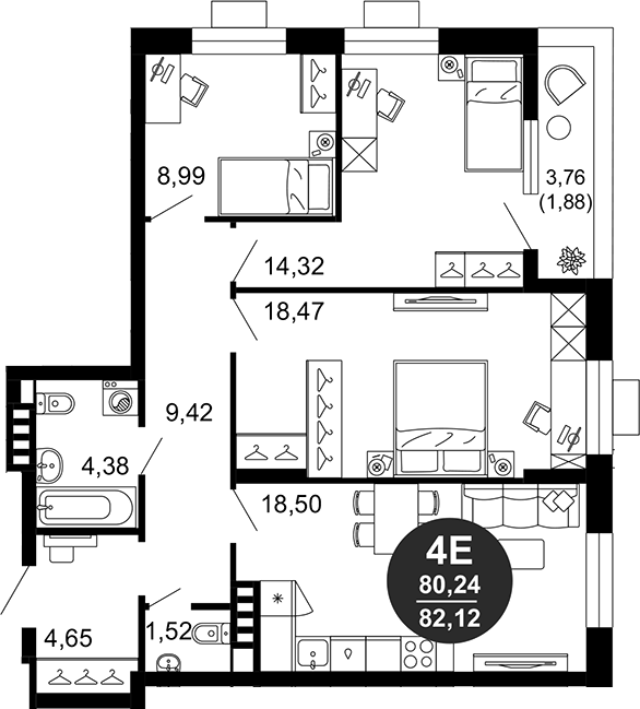 Планировка — 1799, 4-комн., 80 м²