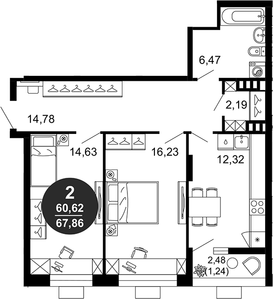 Планировка — 1799, 2-комн., 67 м²