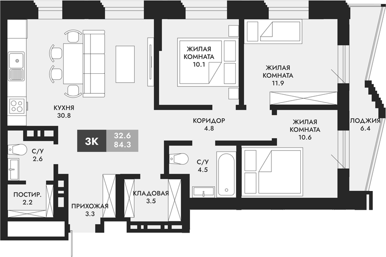 Планировка — Паскаль, 3-комн., 84 м²