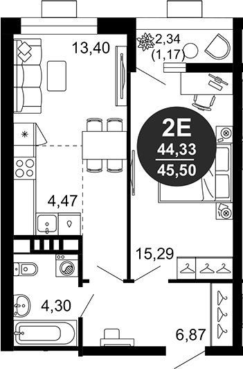 Планировка — 1799, 2-комн., 44 м²