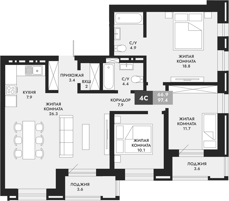 Планировка — Паскаль, 4-комн., 97 м²