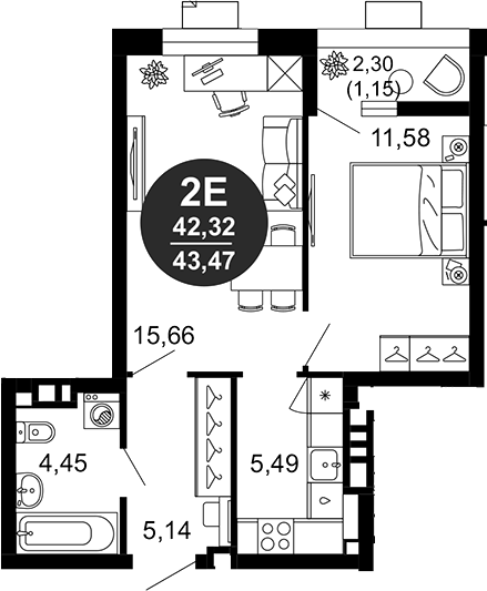 Планировка — 1799, 2-комн., 42 м²