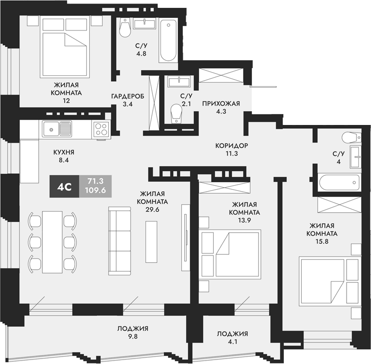 Планировка — Паскаль, 4-комн., 110 м²