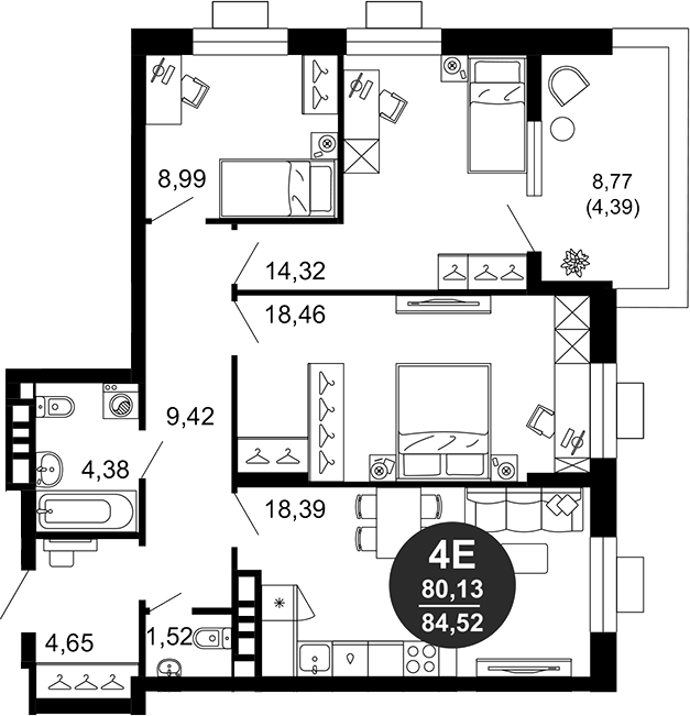 Планировка — 1799, 4-комн., 80 м²
