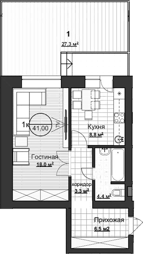 Планировка — Уютный, 1-комн., 41 м²