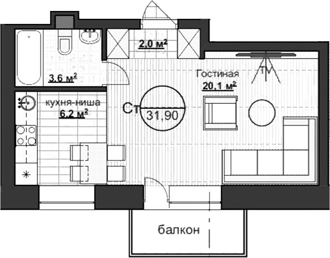 Планировка — Уютный, Студия, 32 м²