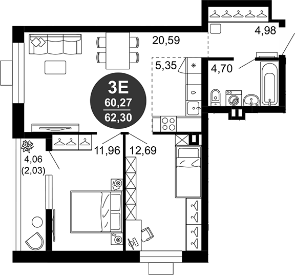 Планировка — 1799, 3-комн., 60 м²