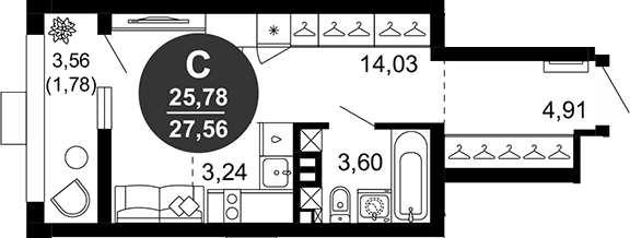 Планировка — 1799, Студия, 26 м²