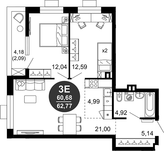 Планировка — 1799, 3-комн., 61 м²