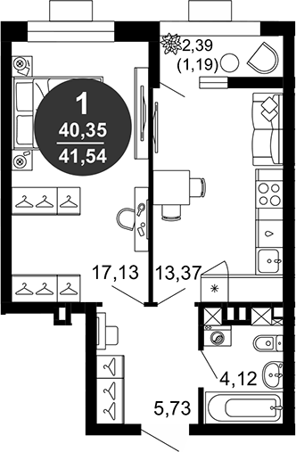 Планировка — 1799, 1-комн., 40 м²
