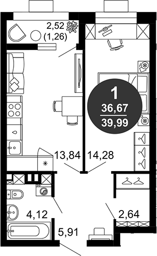 Планировка — 1799, 1-комн., 41 м²