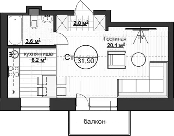 Планировка — Уютный, Студия, 32 м²