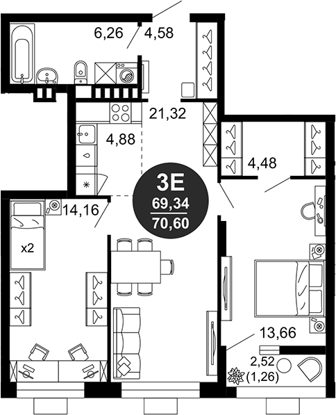 Планировка — 1799, 3-комн., 69 м²