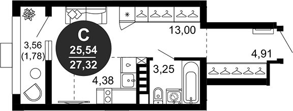 Планировка — 1799, Студия, 26 м²