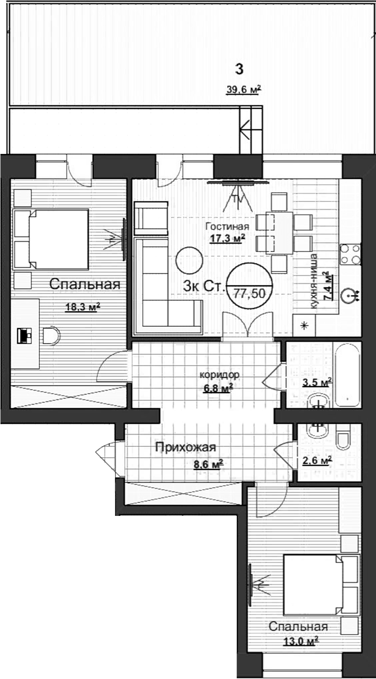 Планировка — Уютный, 3-комн., 78 м²