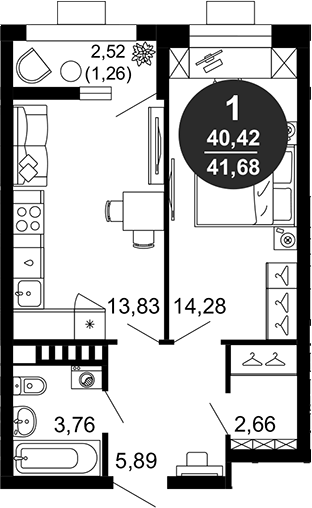 Планировка — 1799, 1-комн., 40 м²
