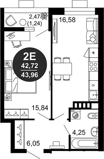 Планировка — 1799, 2-комн., 43 м²